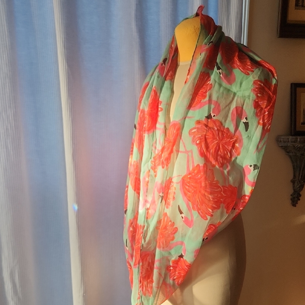 Old Navy Mint Scarf with Coral Flamingo Print